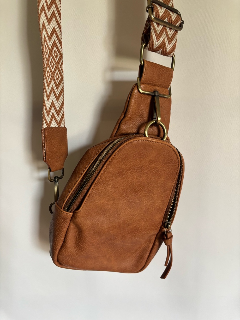 Anthropologie Cognac Leather Crossbody Sling with Patterned Strap